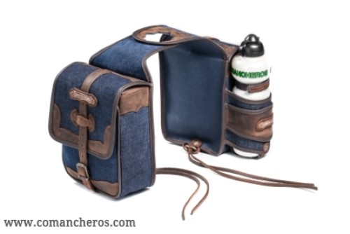 Front pommel bag in denim with bottle holder